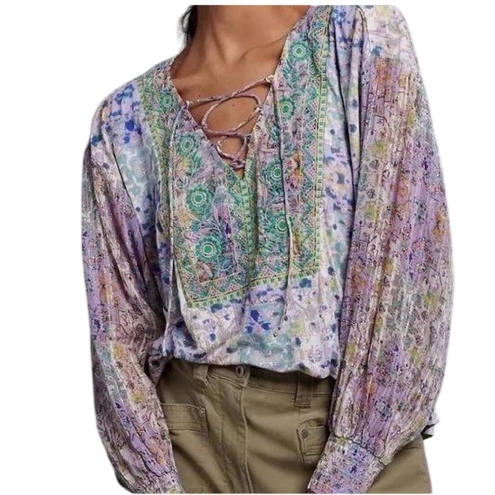 Anthropologie Odetta Boho Peasant Blouse Womens L Purple Paisley Embroidered